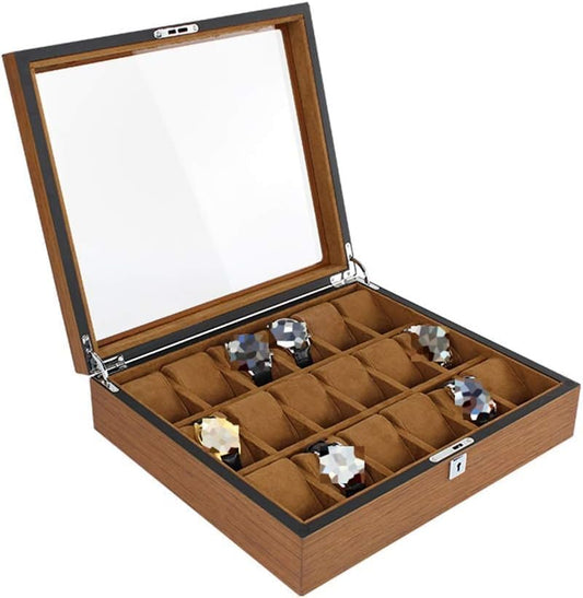 18 Slot Wood Made Watch Organizer Box — Glass Lid, Key Lock System, Velvet Interior | Premium Luxury Watch Storage Case