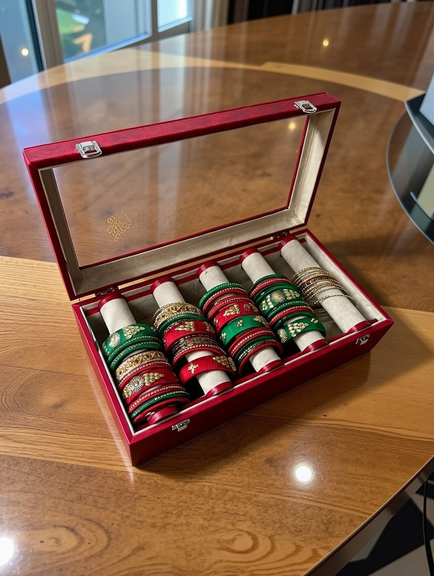 Bangles Organizer Box — Red PU Leather, Glass Lid, Velvet Roll Holders | Premium Bangles & Jewelry Storage Case