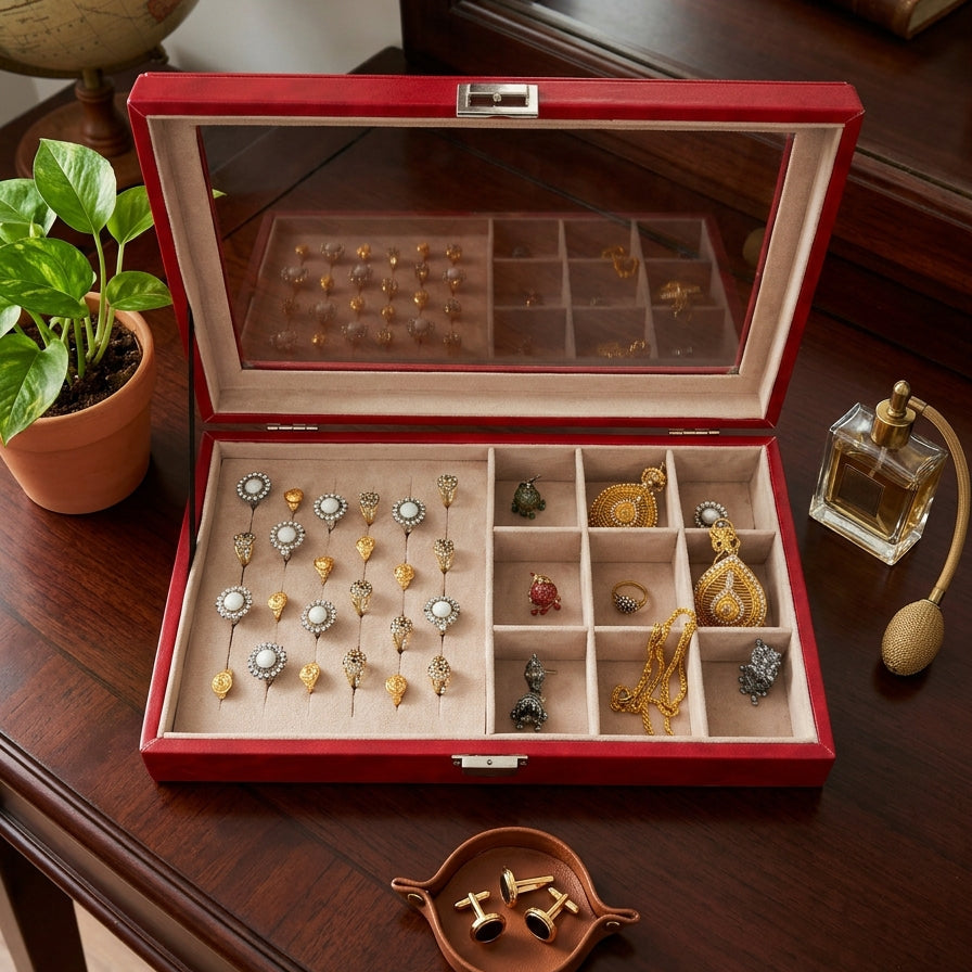 Premium Jewelry Display Combo Box | Ring, Earring & Pendant Organizer with Glass Lid | 2 Colors — Maroon & Lavender | প্রিমিয়াম জুয়েলারি কম্বো ডিসপ্লে বক্স