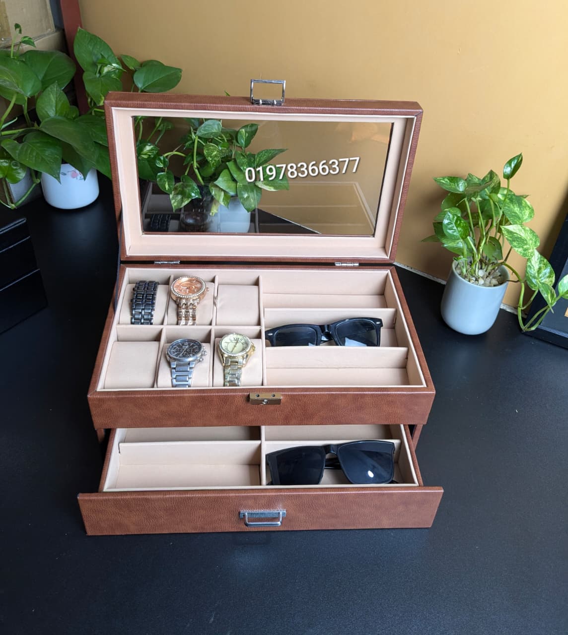 Leather Made Watch and Sunglass Organizer Storage Box