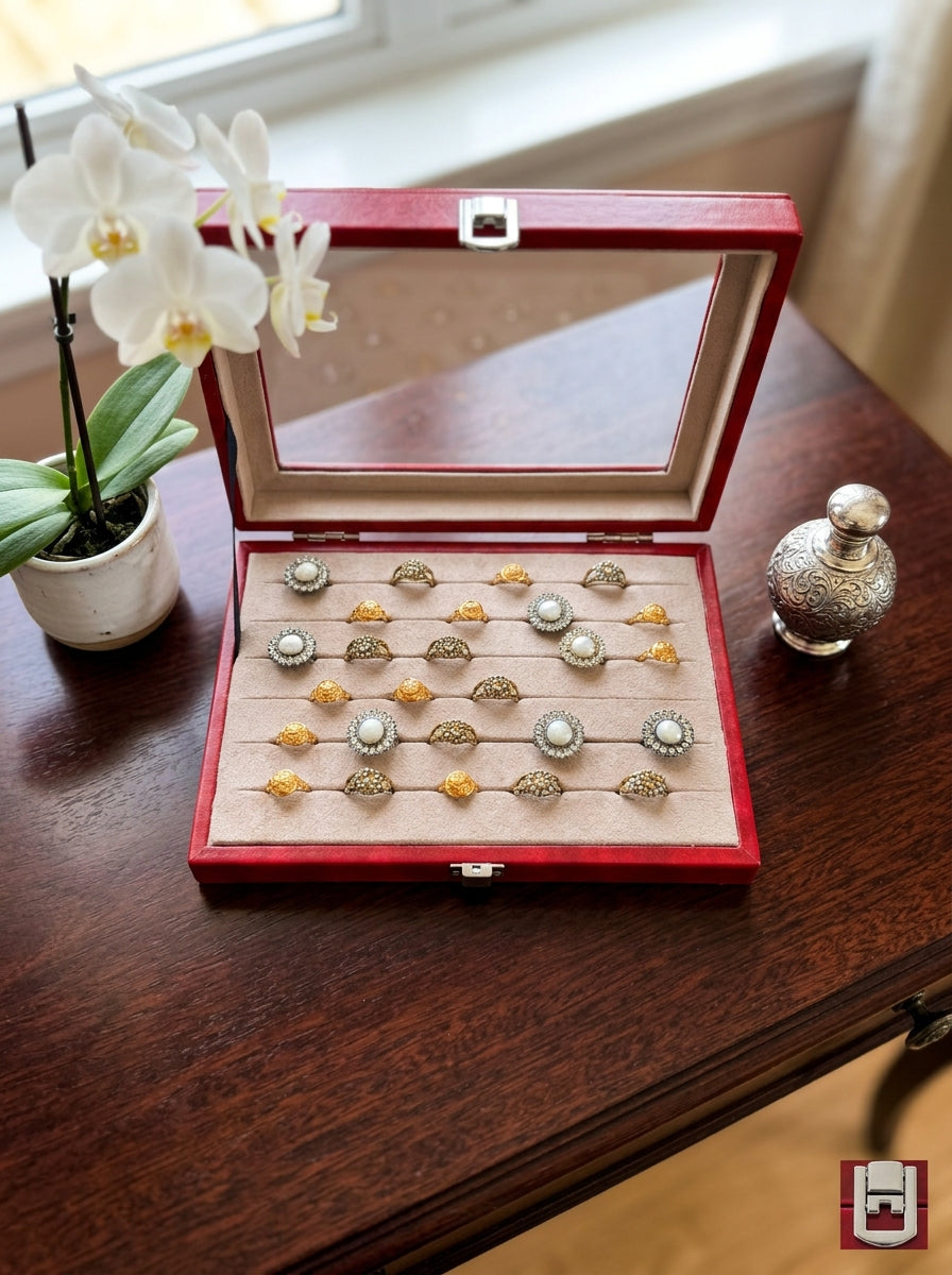 Premium Ring Storage Display Box with Glass Lid | 48-Slot Velvet Ring Organizer | 2 Colors — Maroon & Lavender | প্রিমিয়াম রিং স্টোরেজ বক্স