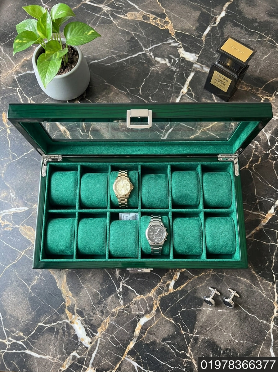 12 Slot Wooden Watch Box with Glass Lid | Green Velvet Interior