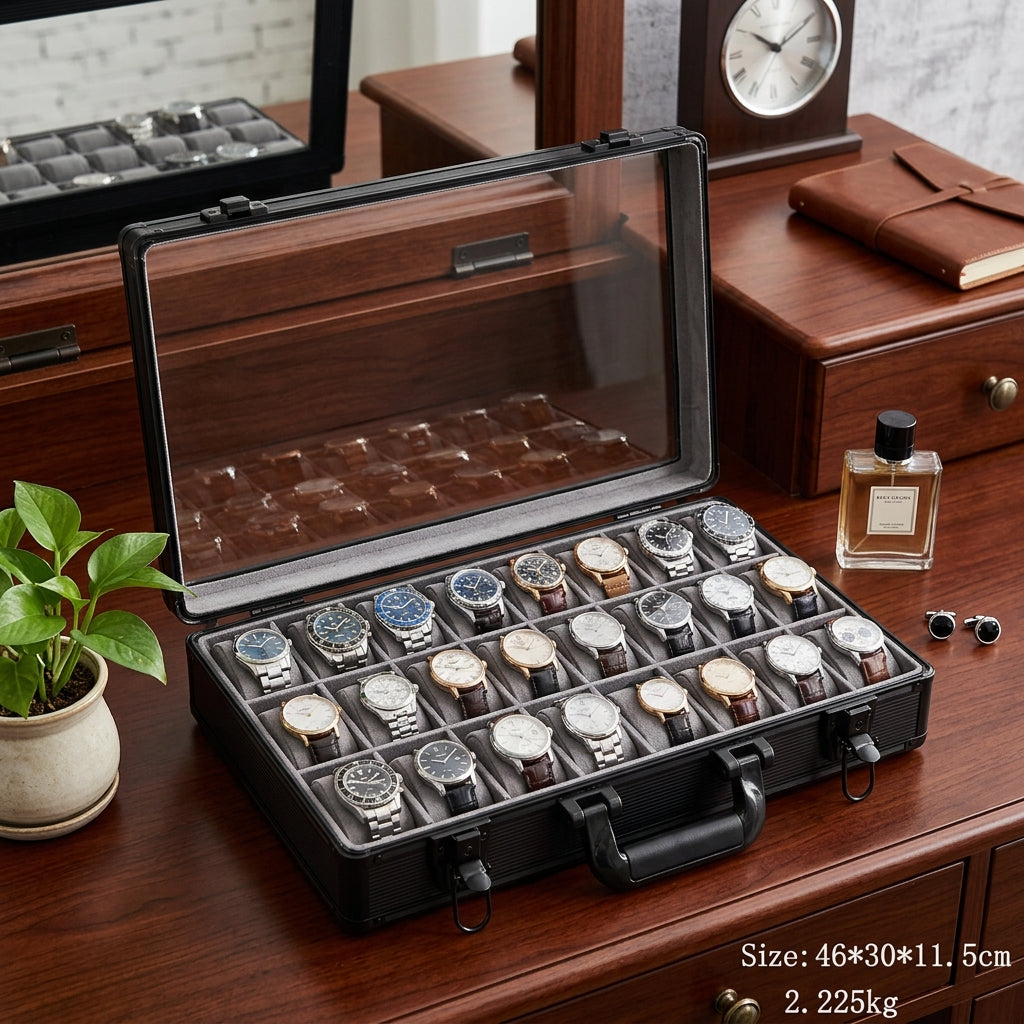 24-Slot Aluminum Watch Briefcase with Glass Lid & Dual Latch Lock | Premium Watch Organizer | ২৪ স্লট অ্যালুমিনিয়াম ওয়াচ ব্রিফকেস