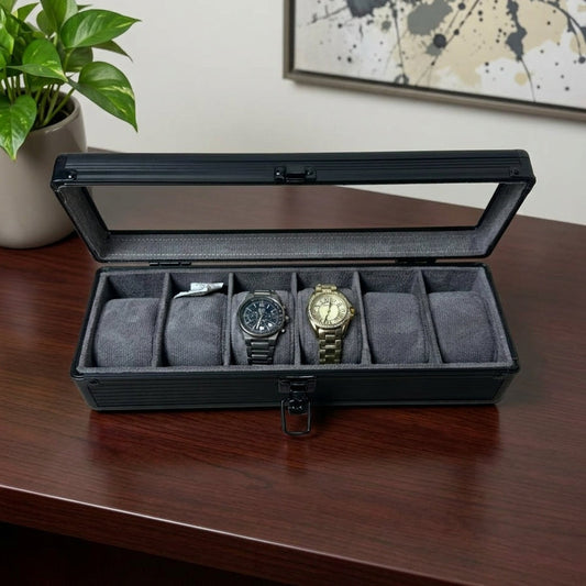 6-Slot Aluminum Watch Box with Glass Lid | Watch Organizer Case | ৬ স্লট অ্যালুমিনিয়াম ওয়াচ বক্স