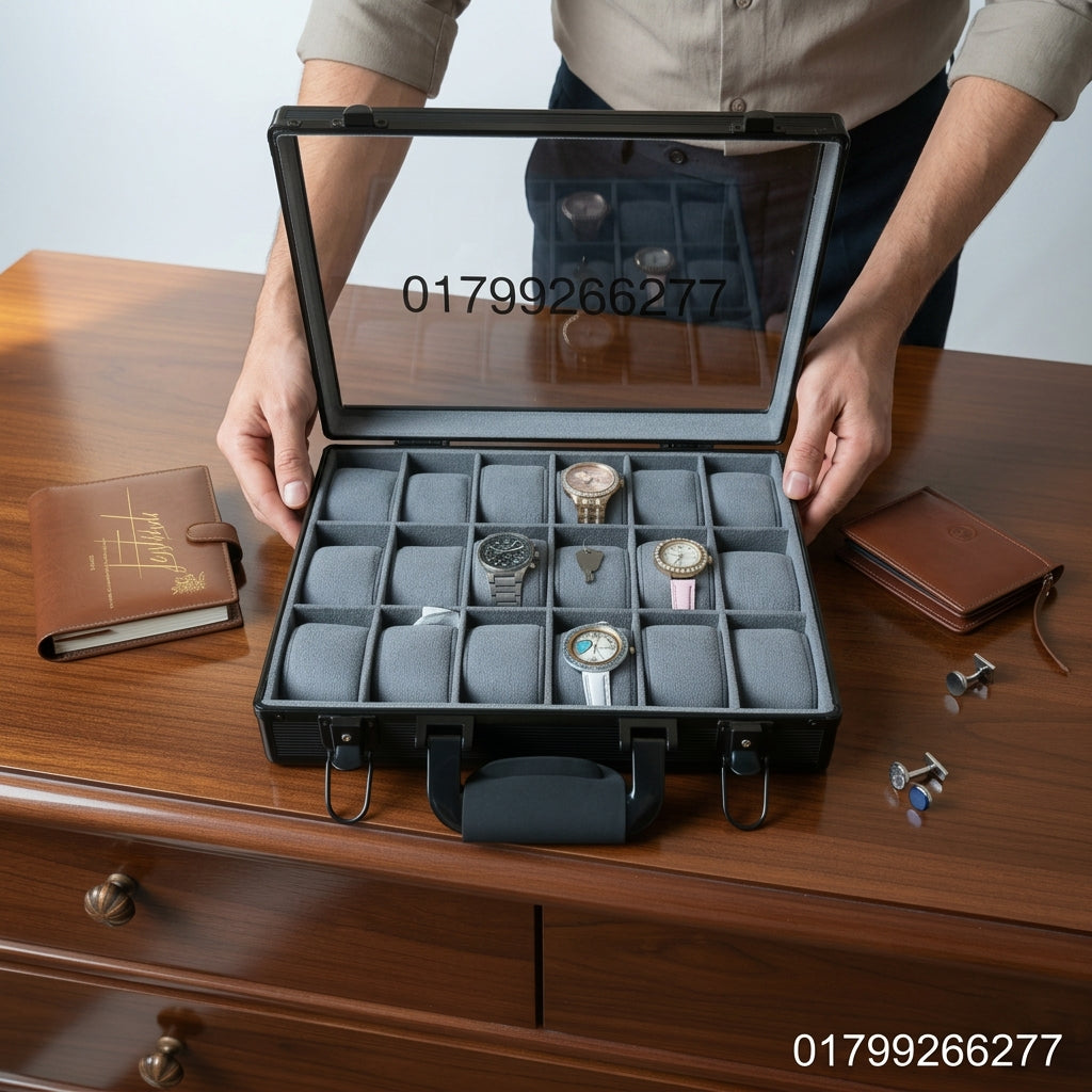 18 Slot Aluminum Watch Organizer Box — Black Gray Color, Glass Lid, Key Lock System | Premium Watch Storage Case