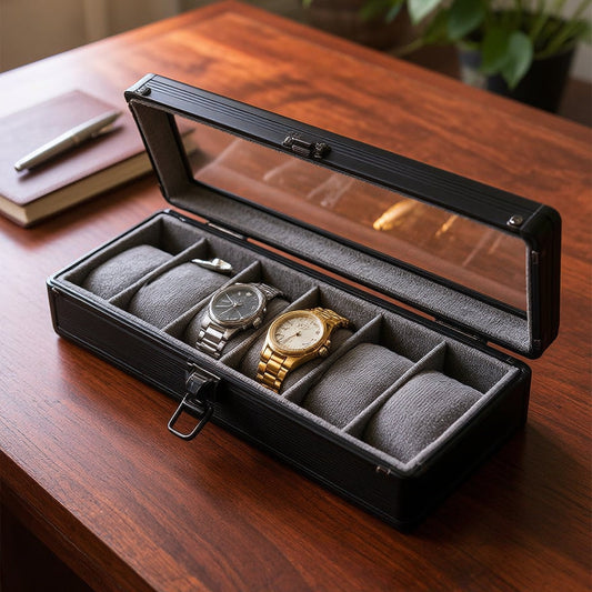 6-slot aluminum watch box with clear glass lid open showing grey cushioned interior with watches — Grihosojja Bangladesh
