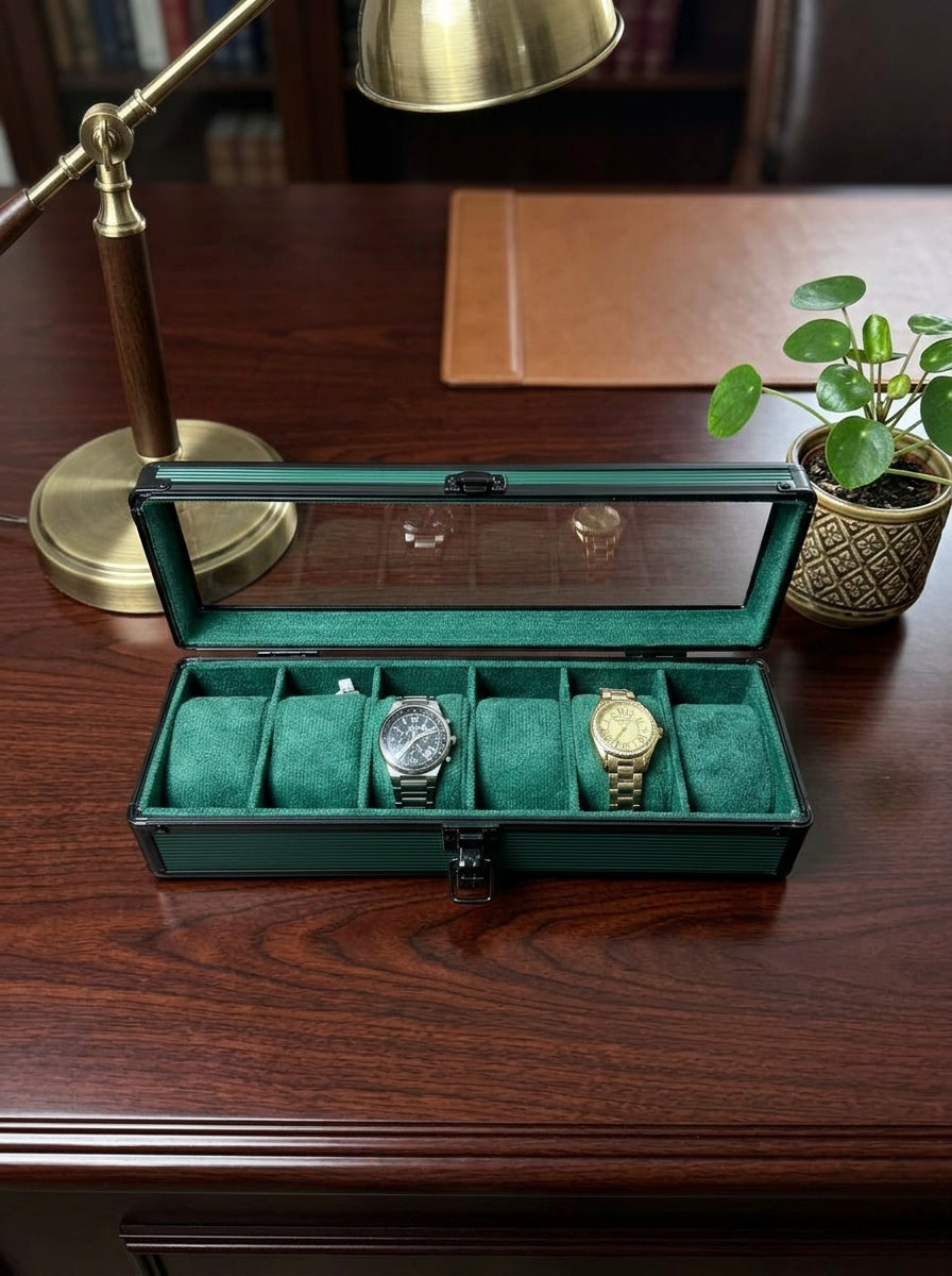 6-Slot Aluminum Watch Box with Glass Lid | Watch Organizer Case | ৬ স্লট অ্যালুমিনিয়াম ওয়াচ বক্স