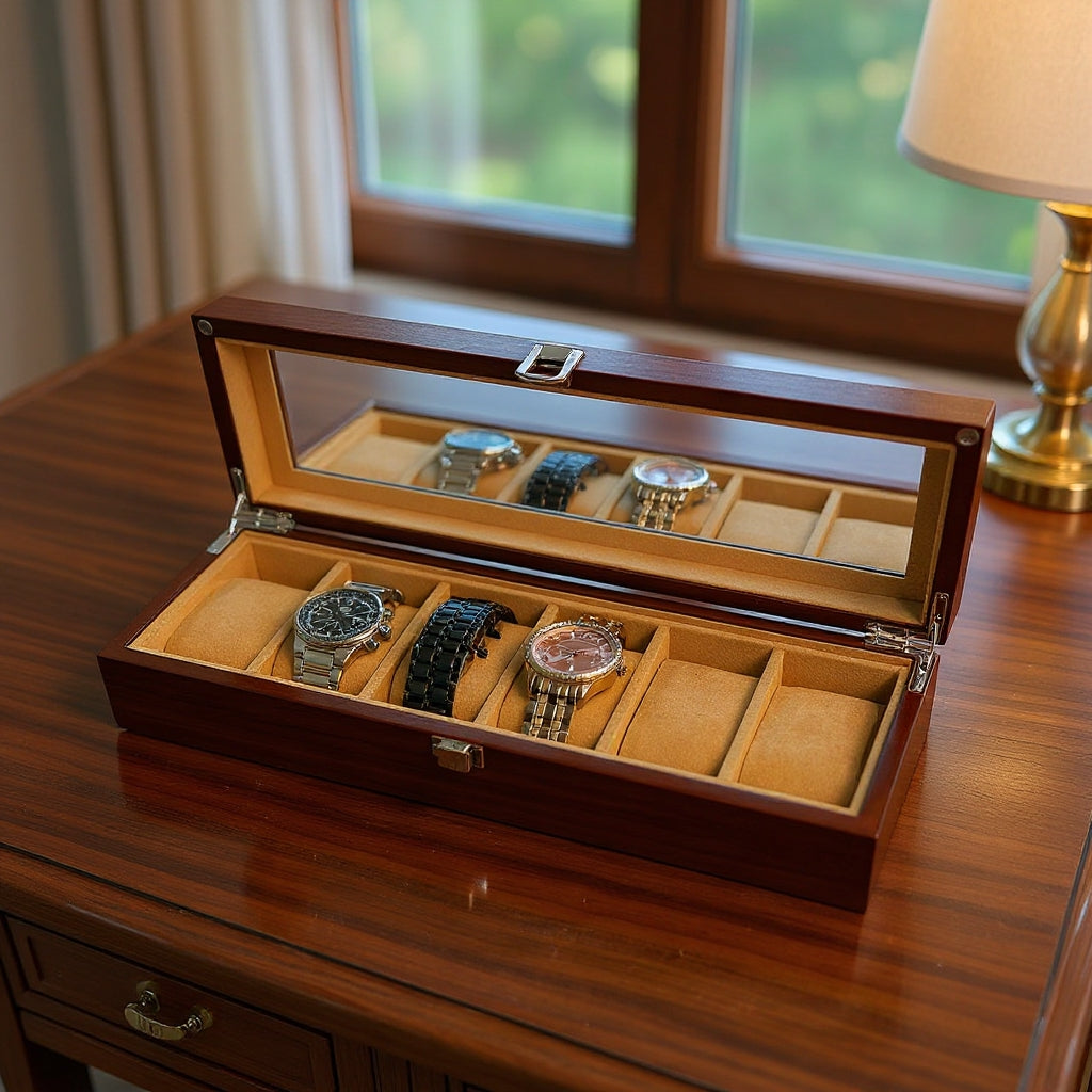 Wooden watch box with multiple watches on a wooden surface