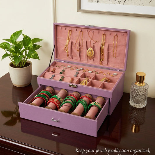 Premium lavender jewelry organizer combo box fully open on dresser showing necklace lid hooks, earring sections and bangle roll drawer — Grihosojja Bangladesh