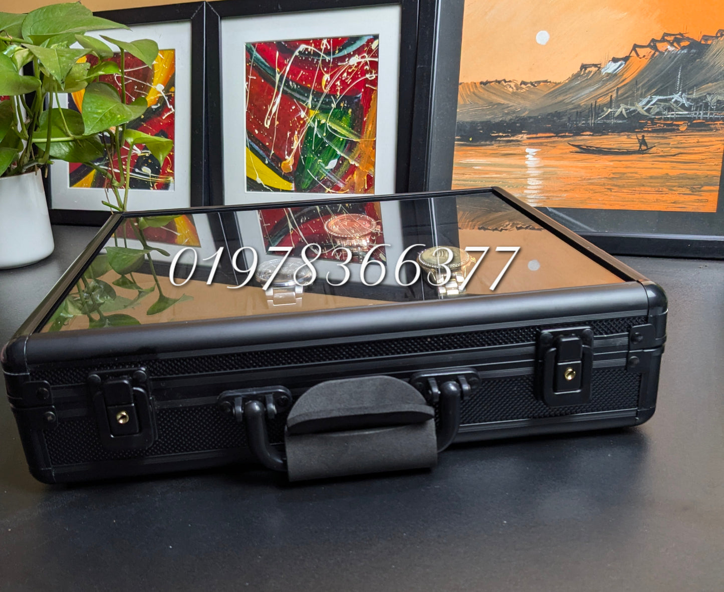 18 Slots Aluminium Watch Organizer Box Dark Green High Materials Top Glass Window