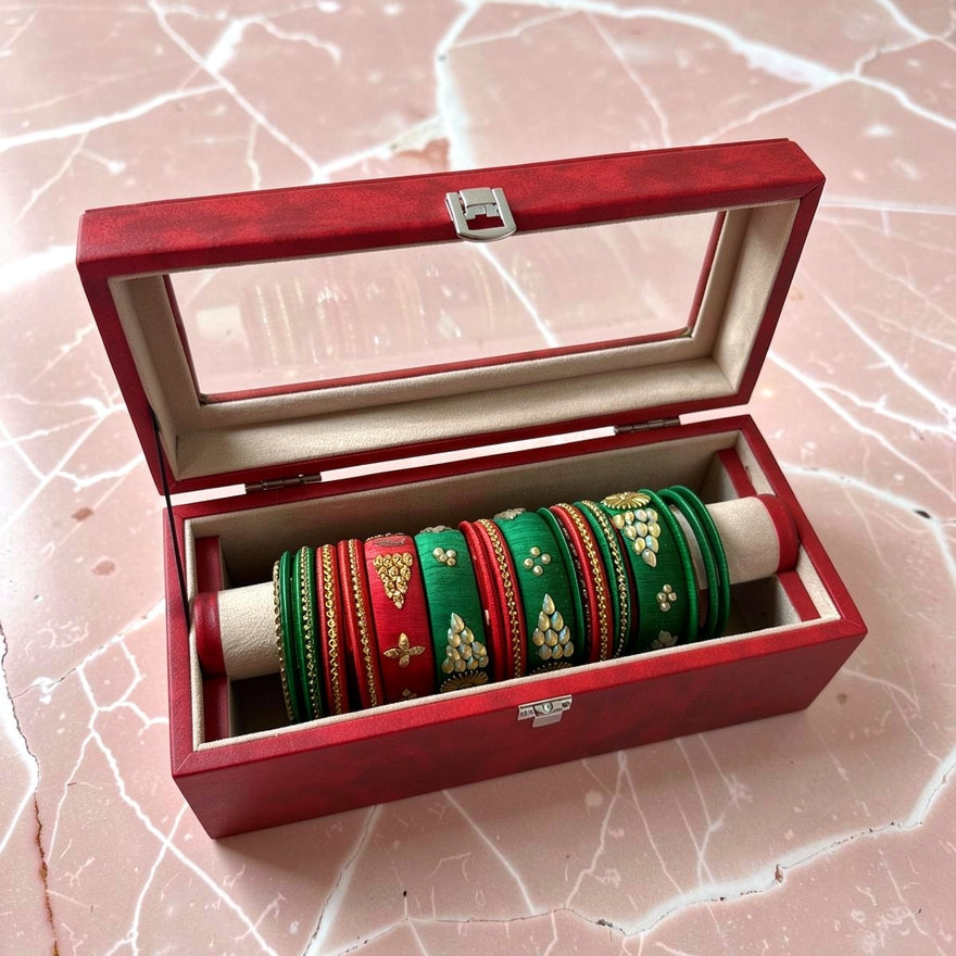Bangles Organizer Box — Red PU Leather, Glass Lid, Velvet Roll Holders | Premium Bangles & Jewelry Storage Case