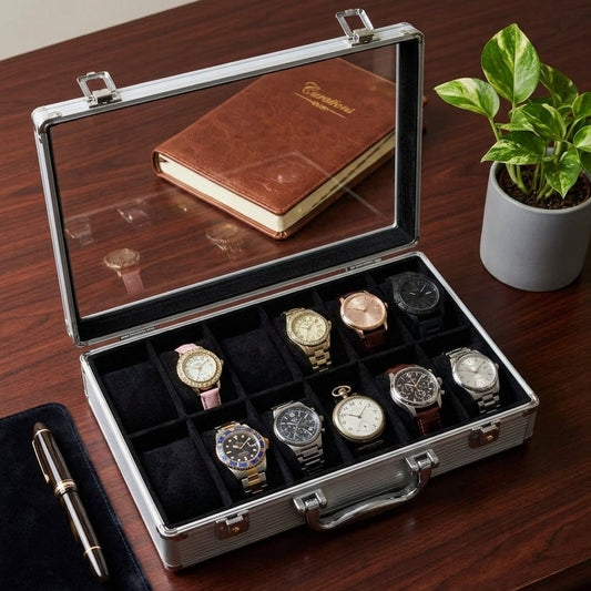 12-slot aluminum watch briefcase open on wooden desk showing black velvet cushion slots with watches — Grihosojja Bangladesh