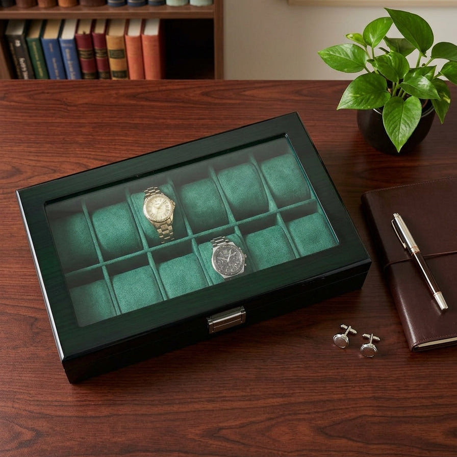 Premium green lacquer wooden watch box with glass display lid and silver clasp on grey surface — Grihosojja Bangladesh