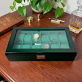 12 Slot Wooden Watch Box with Glass Lid | Green Velvet Interior