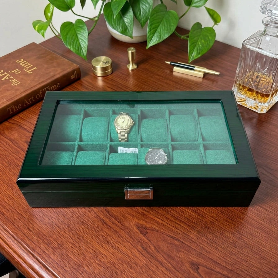 12-slot dark green high-gloss wooden watch box with clear glass lid and silver latch clasp closed — Grihosojja Bangladesh