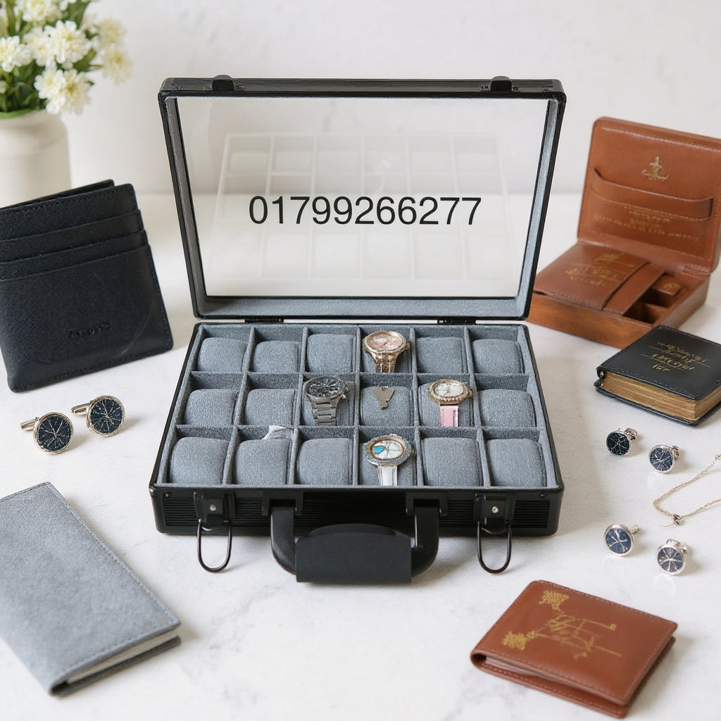 Black jewelry case with watches, surrounded by wallets and jewelry on a white surface.