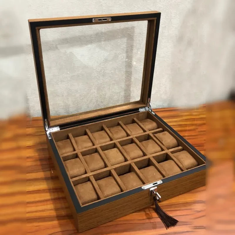 Premium 18-slot wood made watch organizer box with glass lid, key lock system with gold tassel, and soft velvet cushion interior. A luxurious storage and display solution for watch lovers — available with fast home delivery across Bangladesh.