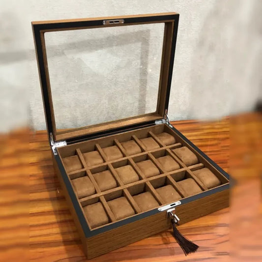 Premium 18-slot wood made watch organizer box with glass lid, key lock system with gold tassel, and soft velvet cushion interior. A luxurious storage and display solution for watch lovers — available with fast home delivery across Bangladesh.