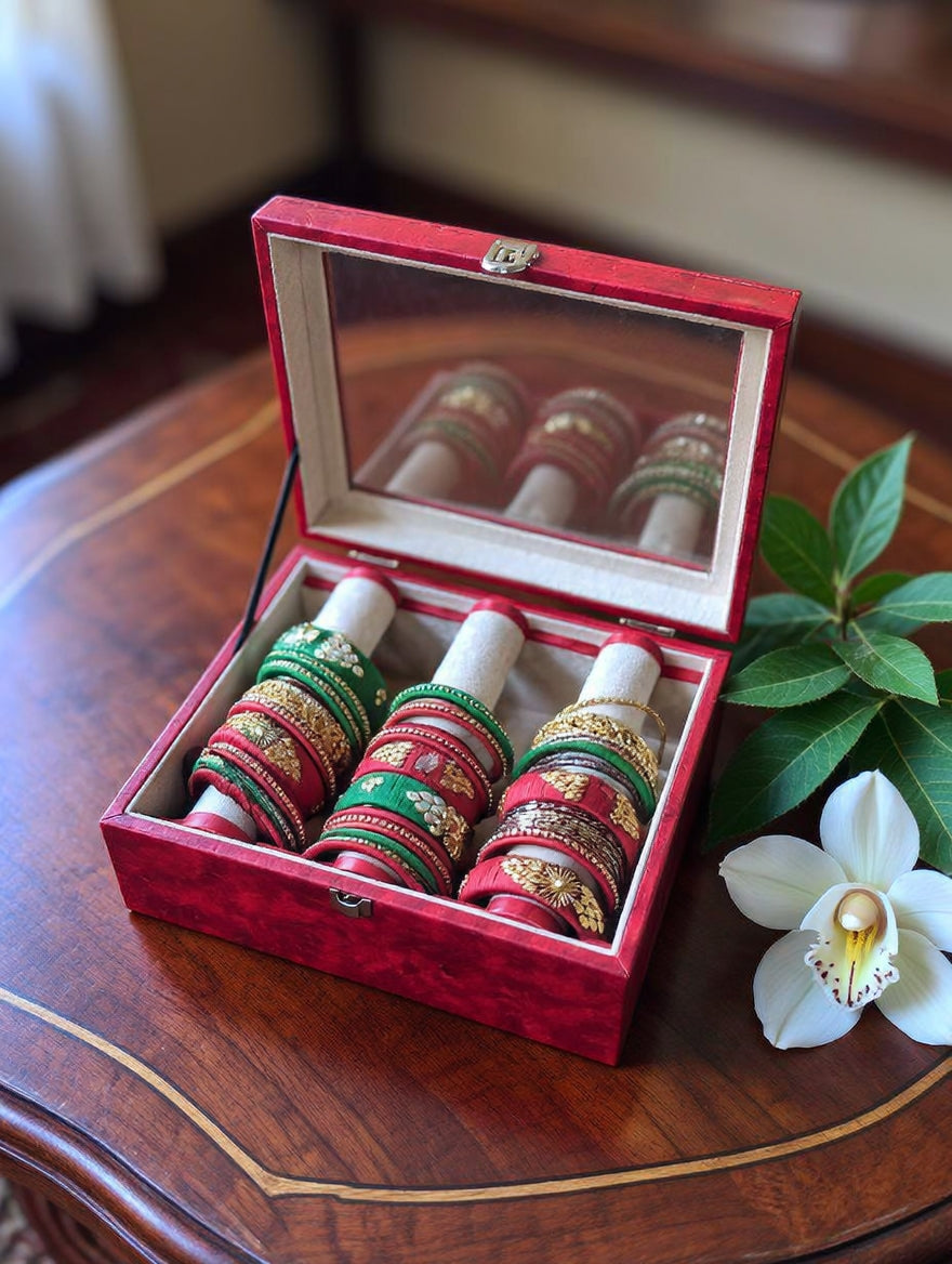 Bangles Organizer Box — Red PU Leather, Glass Lid, Velvet Roll Holders | Premium Bangles & Jewelry Storage Case