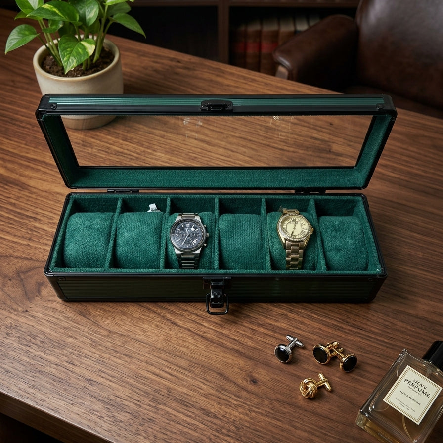 6-slot aluminum watch box with clear glass lid open showing grey cushioned interior with watches — Grihosojja Bangladesh