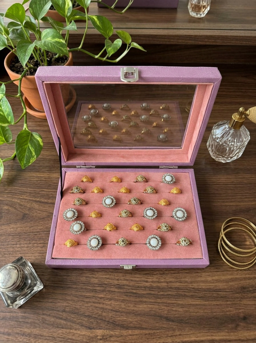 Premium Ring Storage Display Box with Glass Lid | 48-Slot Velvet Ring Organizer | 2 Colors — Maroon & Lavender | প্রিমিয়াম রিং স্টোরেজ বক্স