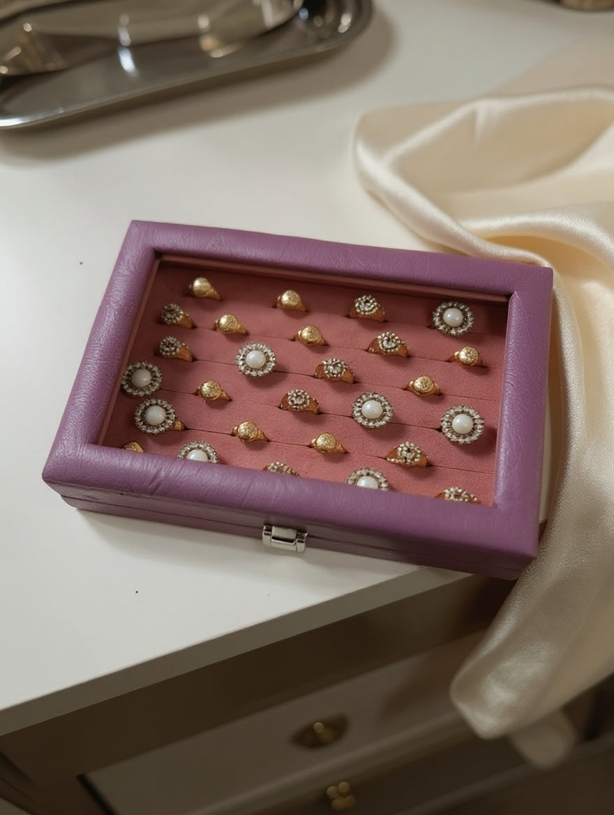 Premium Ring Storage Display Box with Glass Lid | 48-Slot Velvet Ring Organizer | 2 Colors — Maroon & Lavender | প্রিমিয়াম রিং স্টোরেজ বক্স