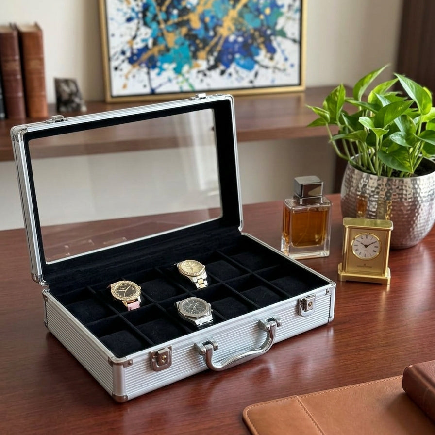 12-Slot Aluminum Watch Briefcase with Glass Lid & Carry Handle | Black Velvet Watch Organizer | ১২ স্লট অ্যালুমিনিয়াম ওয়াচ ব্রিফকেস গ্লাস লিড সহ