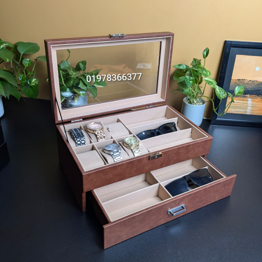 Leather Made Watch and Sunglass Organizer Storage Box