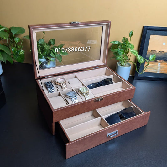 Leather Made Watch and Sunglass Organizer Storage Box