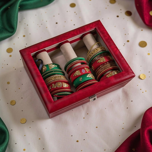 Bangles Organizer Box — Red PU Leather, Glass Lid, Velvet Roll Holders | Premium Bangles & Jewelry Storage Case