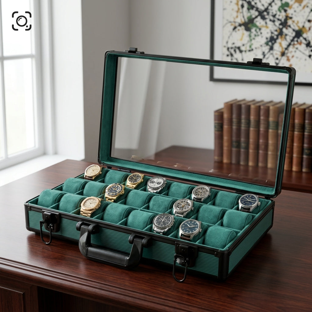 24-slot aluminum watch briefcase open with emerald green velvet cushions and luxury watches displayed inside — Grihosojja Bangladesh