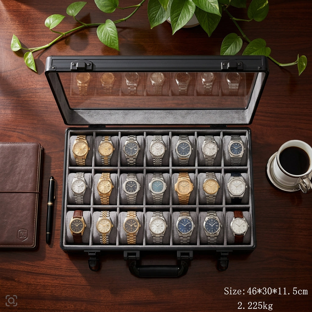 Premium 24-slot aluminum watch briefcase closed with dual latch locks and carry handles, size 46x30x11.5cm — Grihosojja Bangladesh
