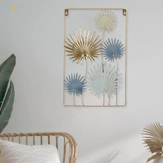 Metal Body Golden, Blue, White Color Aquamarine Leaf Design Wall Decor