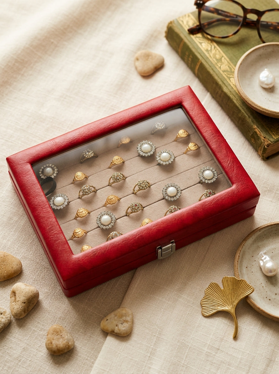 Premium Ring Storage Display Box with Glass Lid | 48-Slot Velvet Ring Organizer | 2 Colors — Maroon & Lavender | প্রিমিয়াম রিং স্টোরেজ বক্স