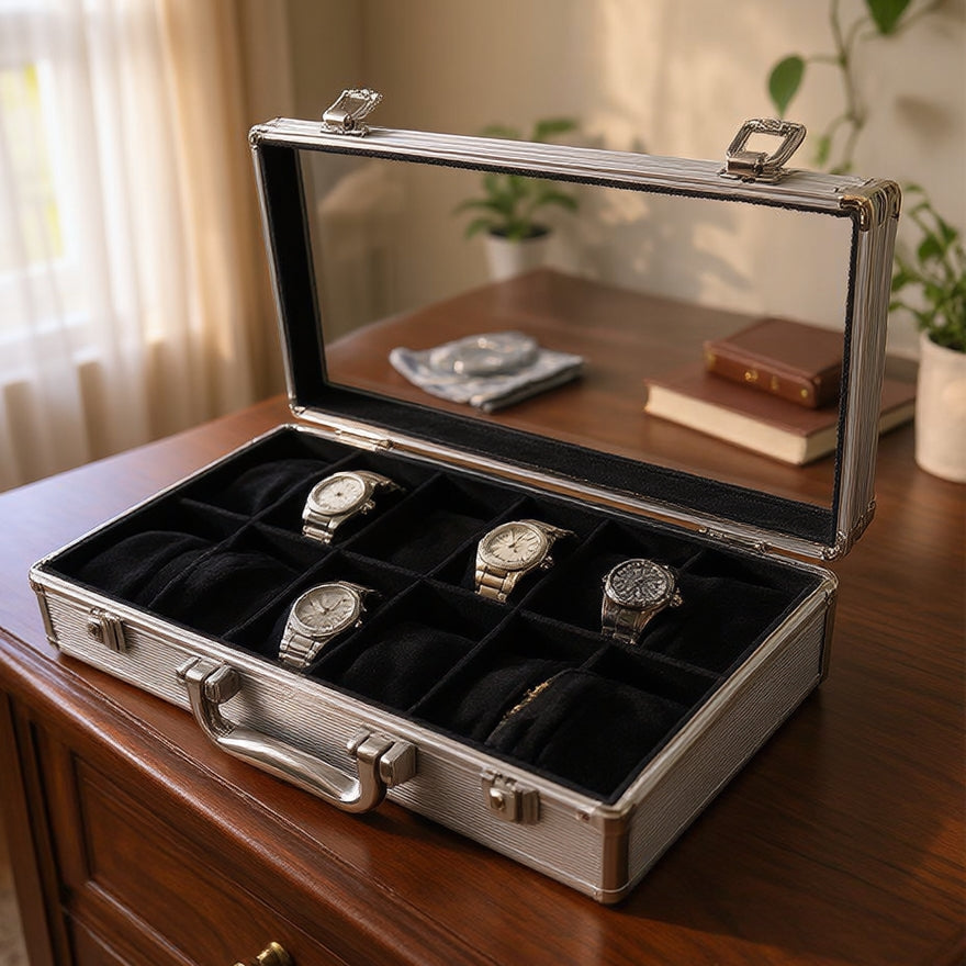 12-Slot Aluminum Watch Briefcase with Glass Lid & Carry Handle | Black Velvet Watch Organizer | ১২ স্লট অ্যালুমিনিয়াম ওয়াচ ব্রিফকেস গ্লাস লিড সহ