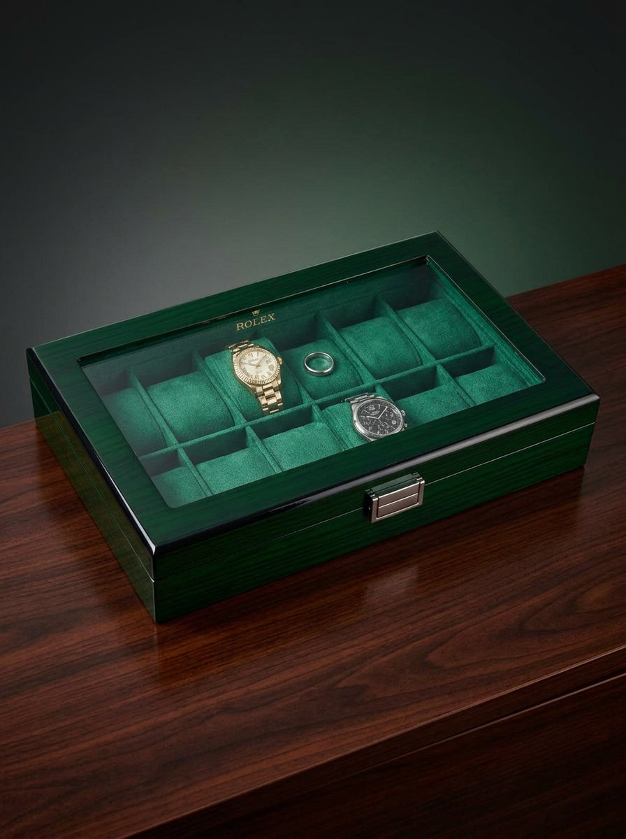 12 Slot Wooden Watch Box with Glass Lid | Green Velvet Interior