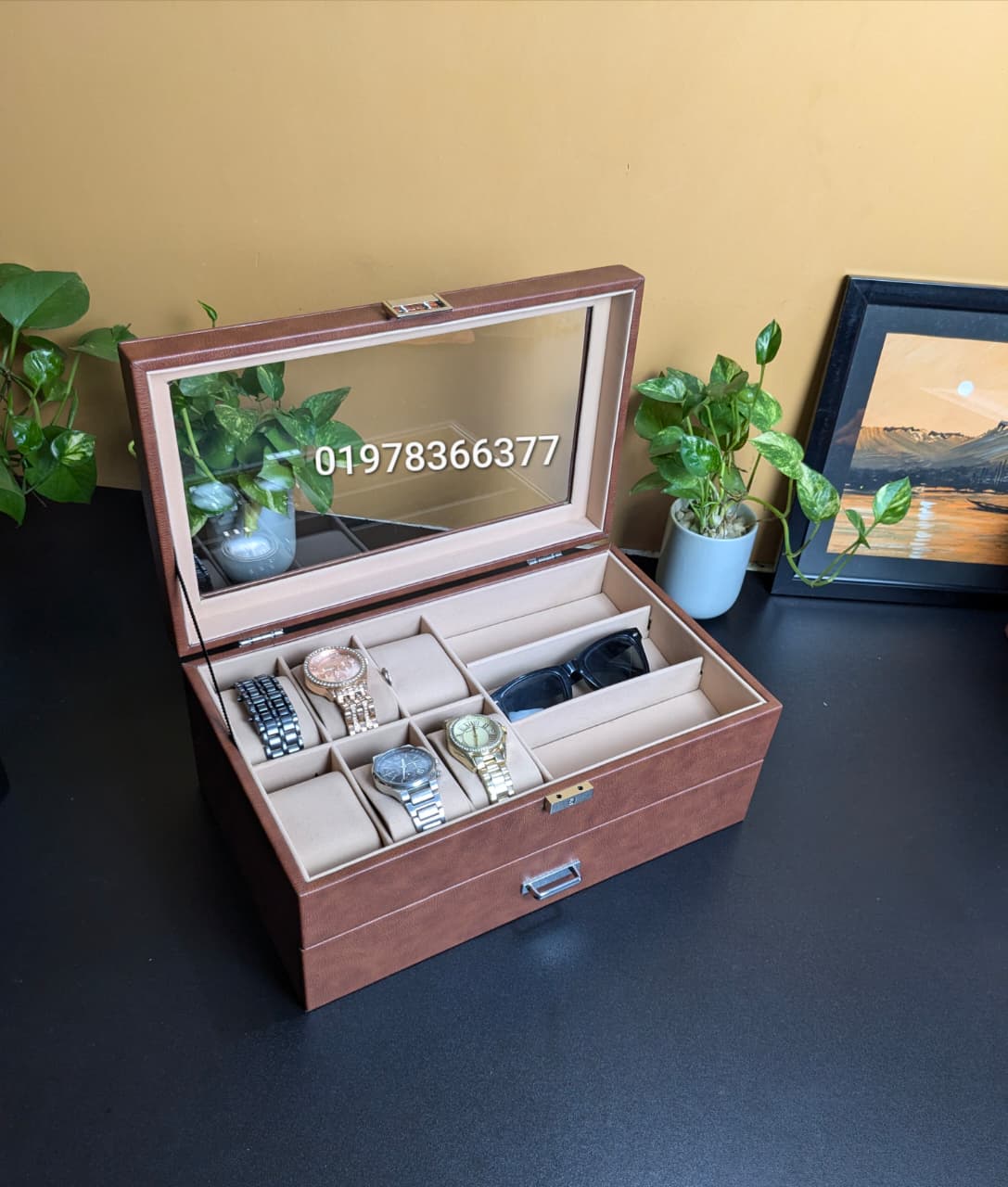 Leather Made Watch and Sunglass Organizer Storage Box