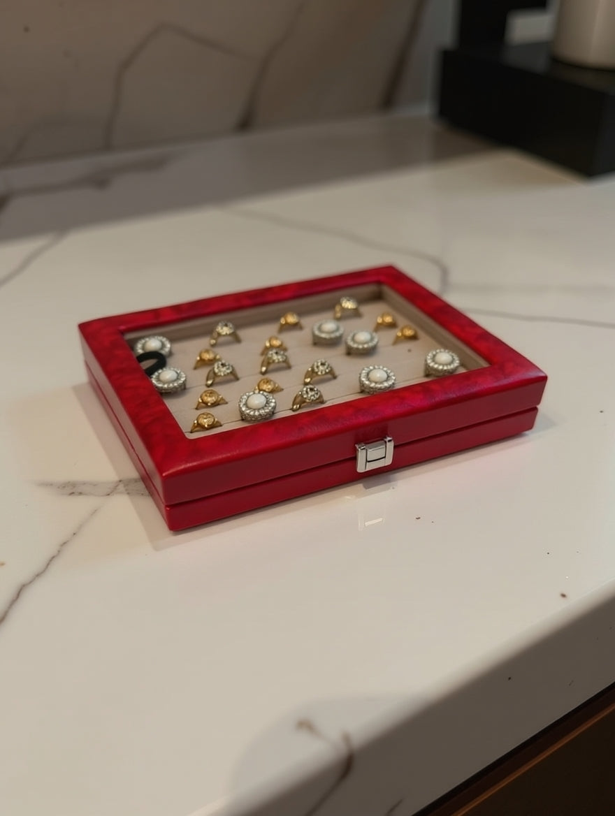 Premium Ring Storage Display Box with Glass Lid | 48-Slot Velvet Ring Organizer | 2 Colors — Maroon & Lavender | প্রিমিয়াম রিং স্টোরেজ বক্স