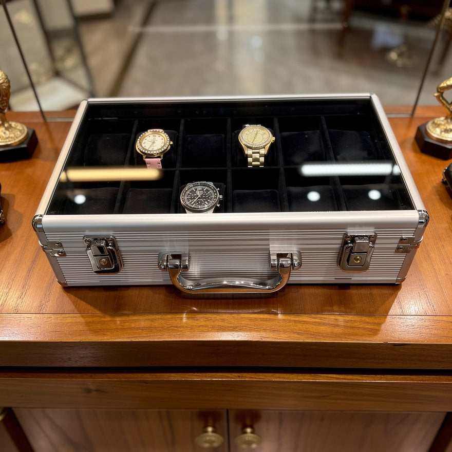 12-Slot Aluminum Watch Briefcase with Glass Lid & Carry Handle | Black Velvet Watch Organizer | ১২ স্লট অ্যালুমিনিয়াম ওয়াচ ব্রিফকেস গ্লাস লিড সহ