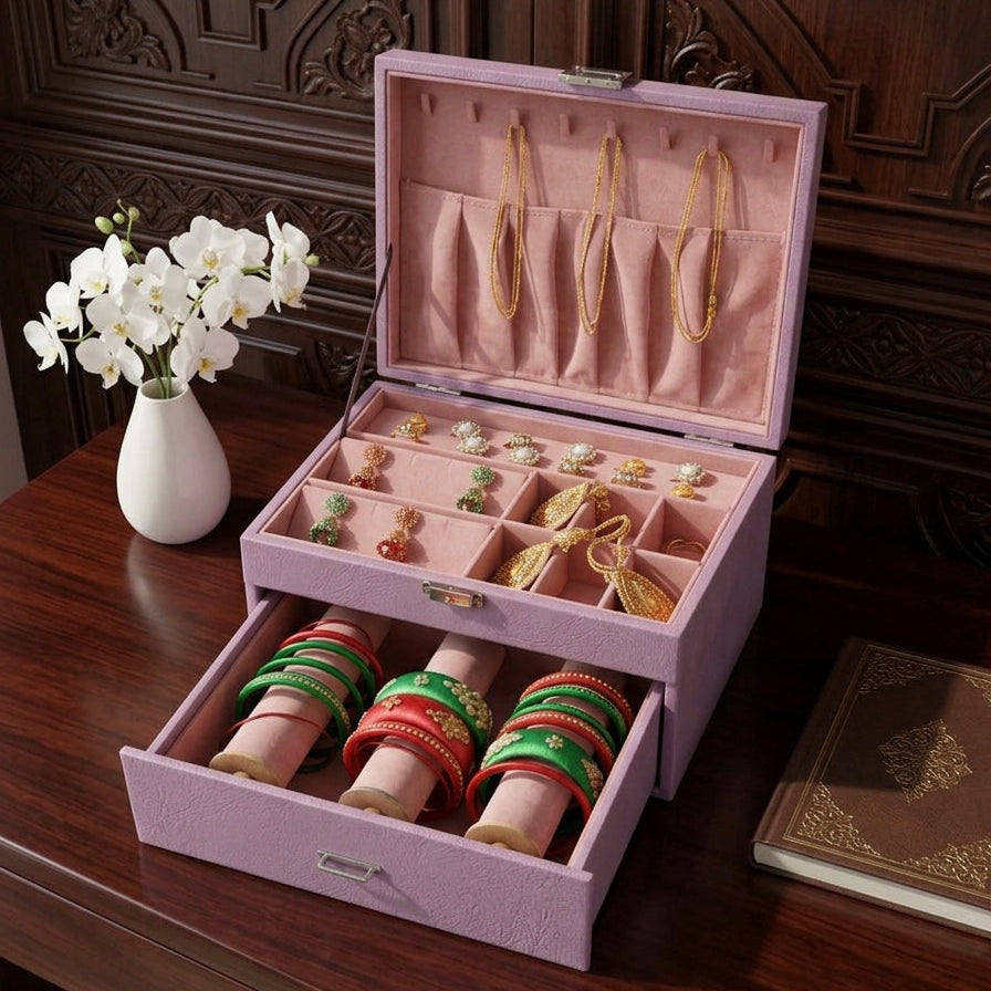 Premium lavender jewelry combo box fully open on marble surface with pink velvet necklace section, earring tray and 3 bangle rolls — Grihosojja Bangladesh