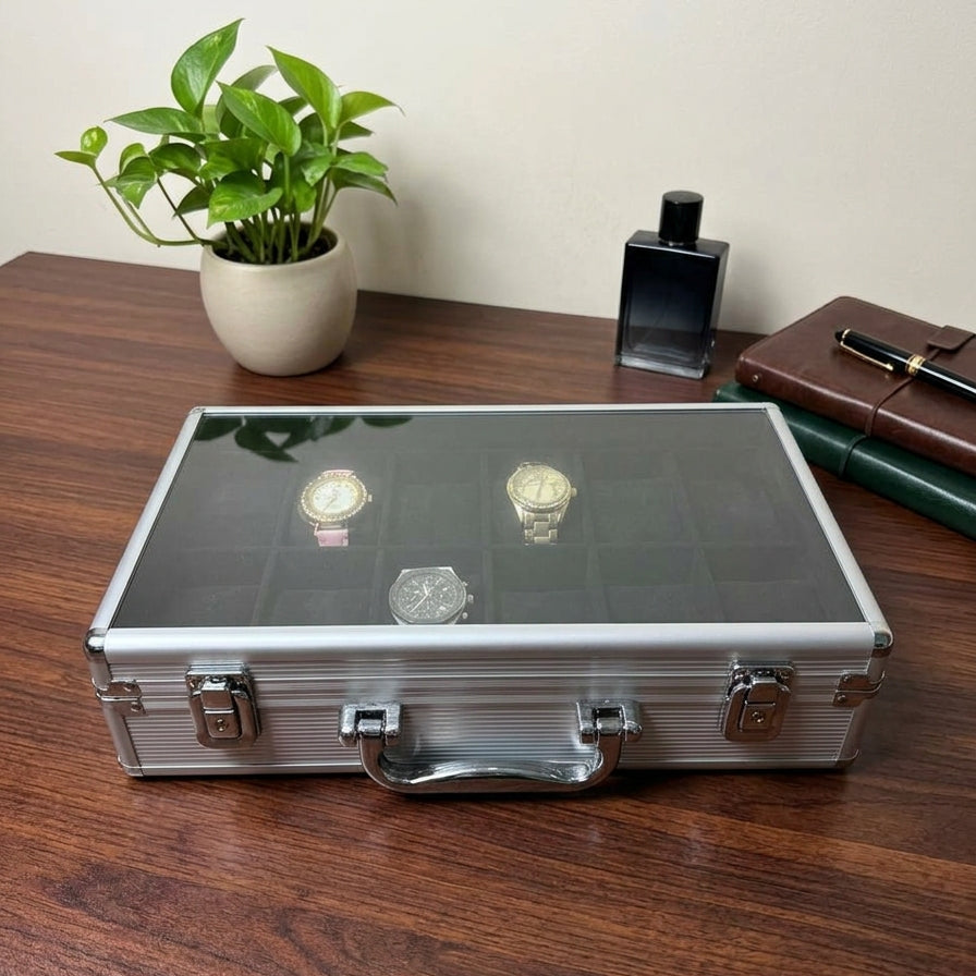 12-Slot Aluminum Watch Briefcase with Glass Lid & Carry Handle | Black Velvet Watch Organizer | ১২ স্লট অ্যালুমিনিয়াম ওয়াচ ব্রিফকেস গ্লাস লিড সহ