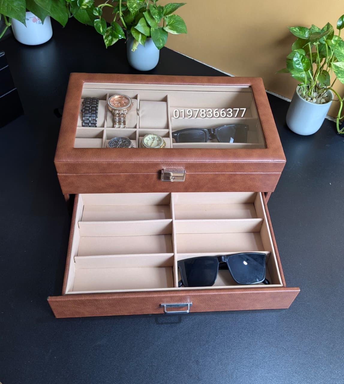Leather Made Watch and Sunglass Organizer Storage Box