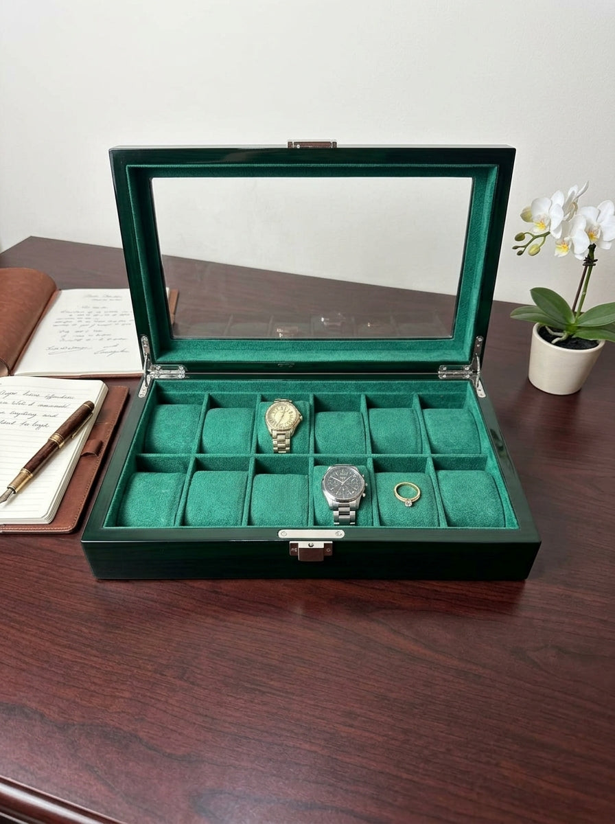 12 Slot Wooden Watch Box with Glass Lid | Green Velvet Interior