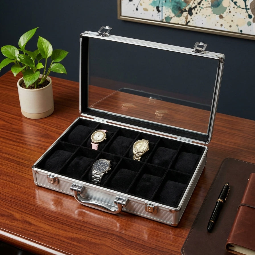 12-Slot Aluminum Watch Briefcase with Glass Lid & Carry Handle | Black Velvet Watch Organizer | ১২ স্লট অ্যালুমিনিয়াম ওয়াচ ব্রিফকেস গ্লাস লিড সহ