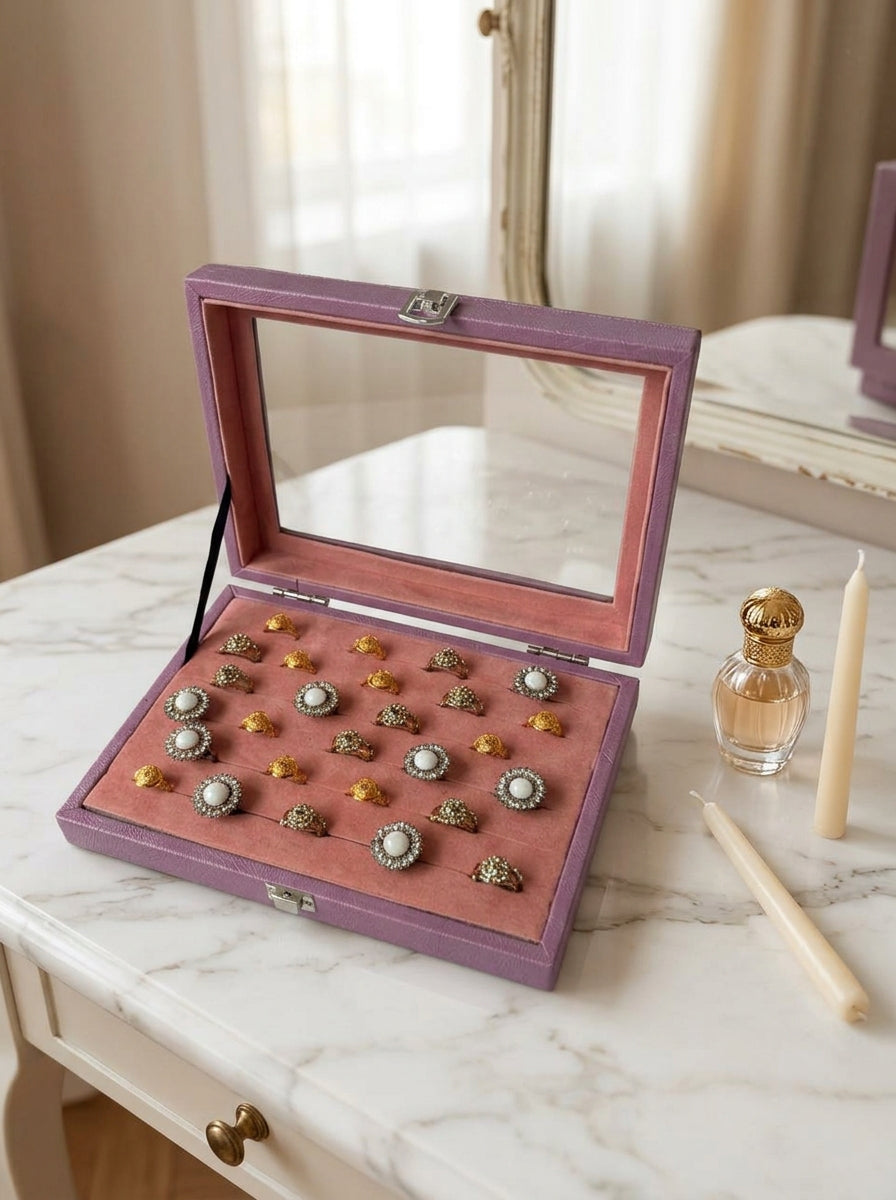 Premium Ring Storage Display Box with Glass Lid | 48-Slot Velvet Ring Organizer | 2 Colors — Maroon & Lavender | প্রিমিয়াম রিং স্টোরেজ বক্স