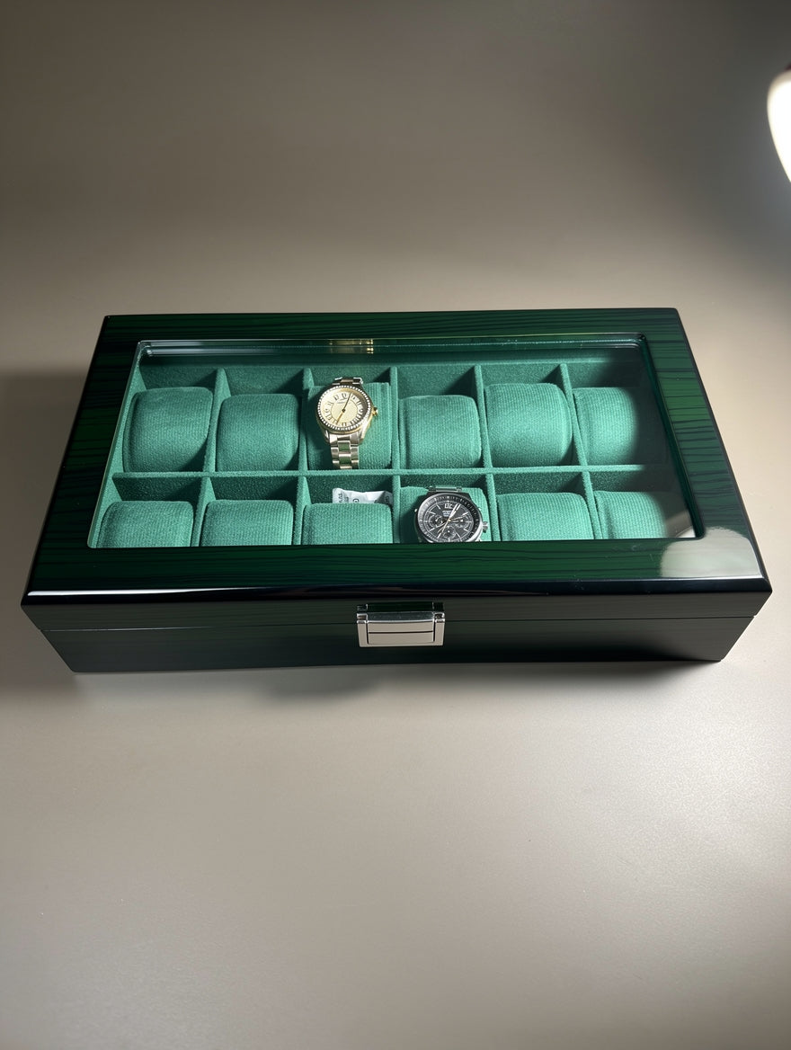 12 Slot Wooden Watch Box with Glass Lid | Green Velvet Interior