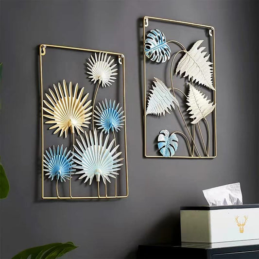 Metal Body Golden, Blue, White Color Aquamarine Leaf Design Wall Decor