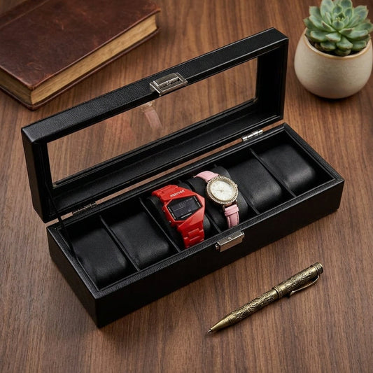 6-Slot Leather Watch Box with Glass Lid — Black Watch Organizer for Men & Women