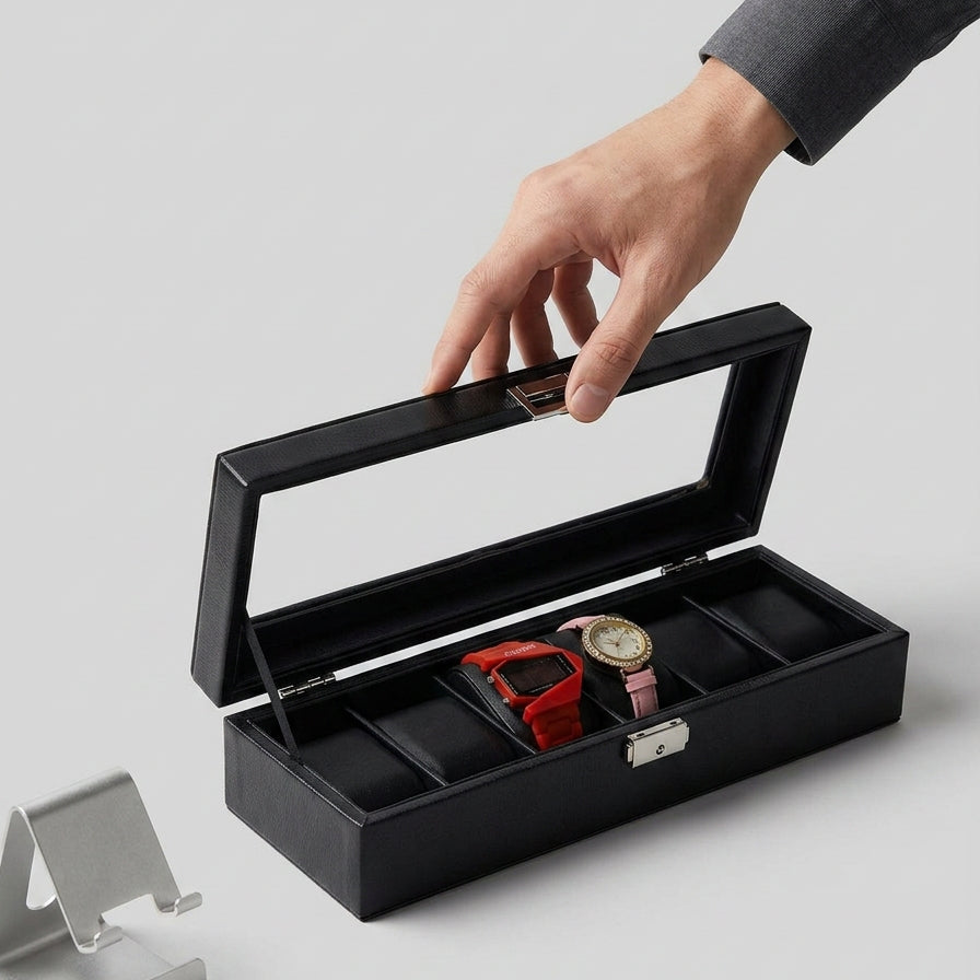 6-Slot Leather Watch Box with Glass Lid — Black Watch Organizer for Men & Women