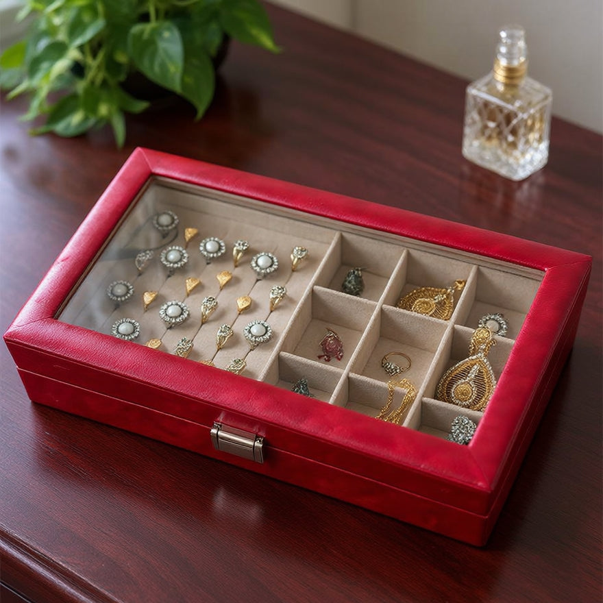 Premium Jewelry Display Combo Box | Ring, Earring & Pendant Organizer with Glass Lid | 2 Colors — Maroon & Lavender | প্রিমিয়াম জুয়েলারি কম্বো ডিসপ্লে বক্স